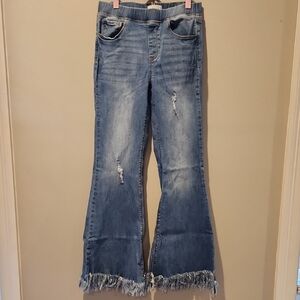 🎅Tricot Flare Blue Jeans with Frayed Hem Medium